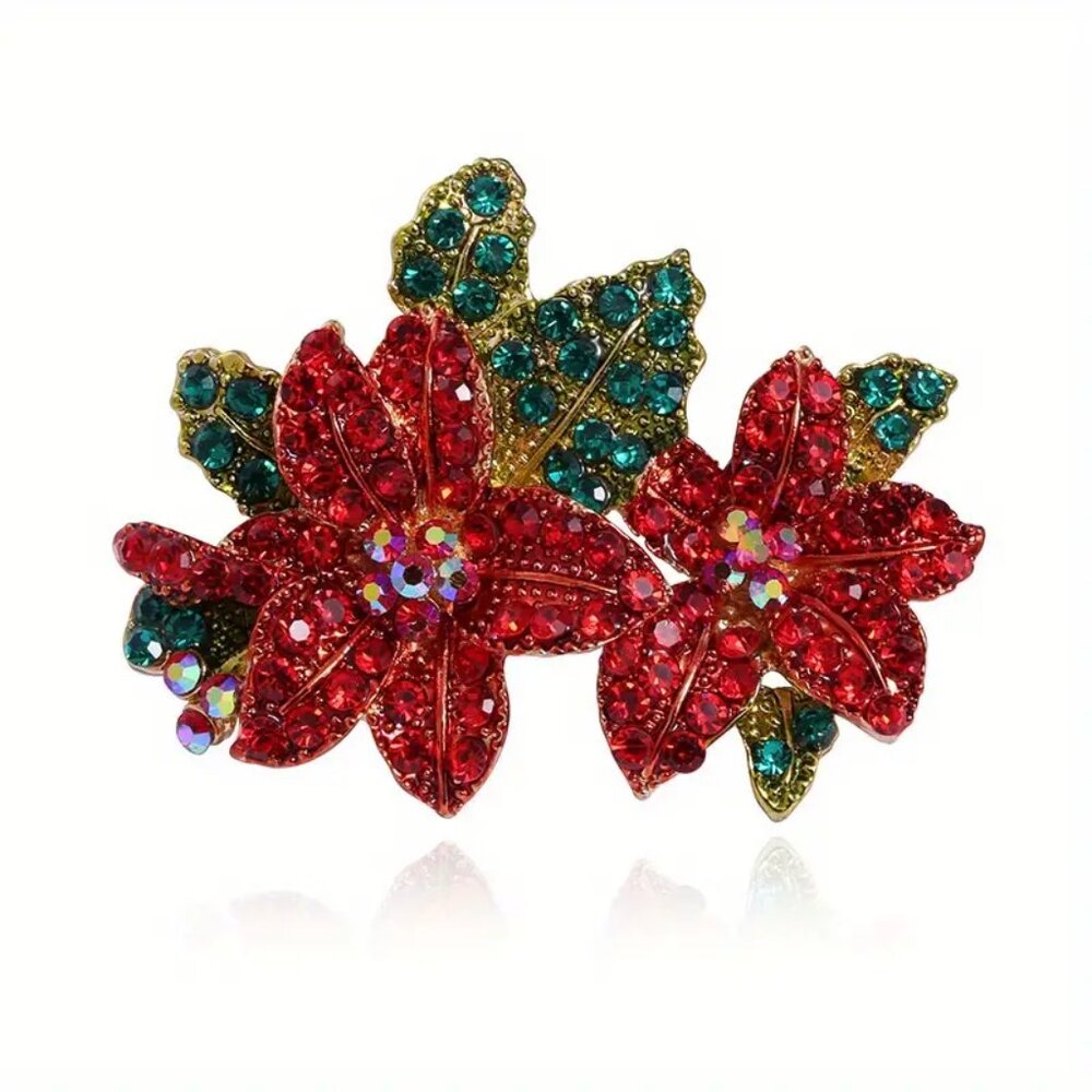 Handcrafted Rhinestone Poinsettias Christmas Brooch Pin 🎁🎄❣️